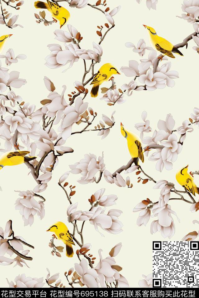 水墨玉兰花花鸟数码印花华亿平台下载（图片编号: 695138） - 瓦栏（Walan）