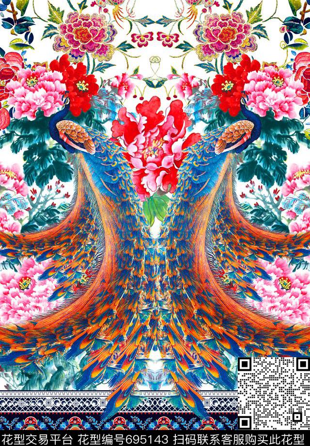 国画牡丹MAX-定位中国民族风手绘孔雀数码印花华亿平台下载（图片编号: 695143） - 瓦栏（Walan）