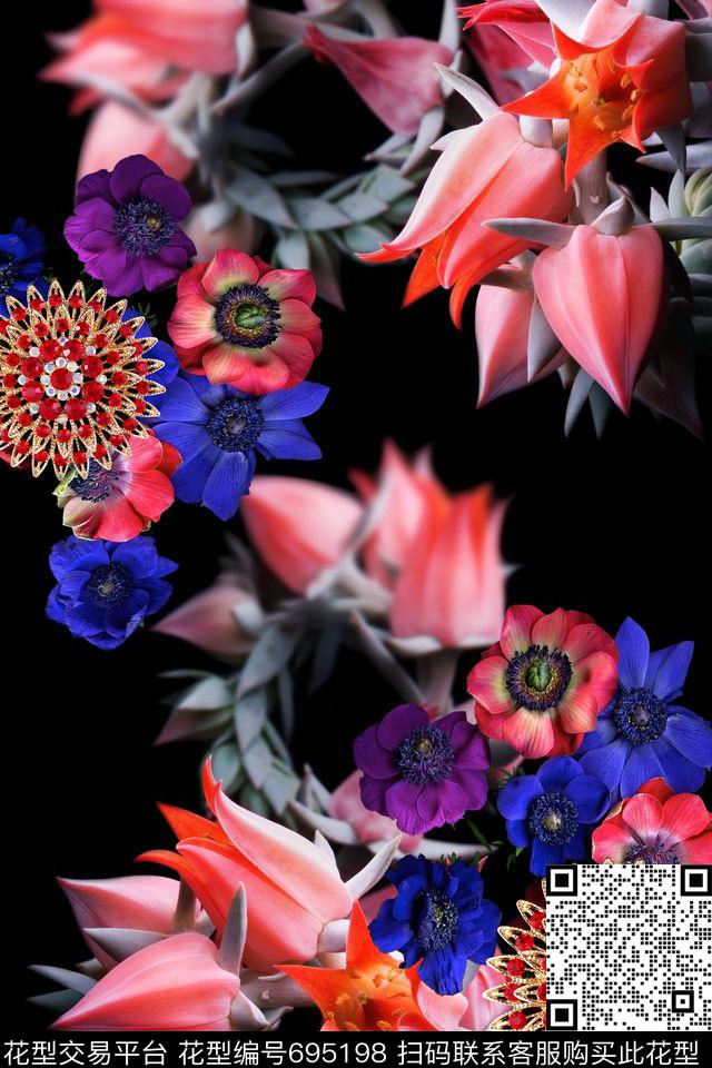 浪漫花卉梦幻花卉花朵数码印花华亿平台下载（图片编号: 695198） - 瓦栏（Walan）