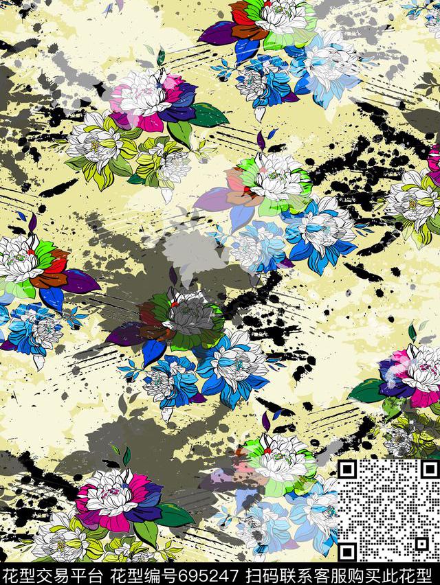 泼墨手绘花朵数码印花华亿平台下载（图片编号: 695247） - 瓦栏（Walan）