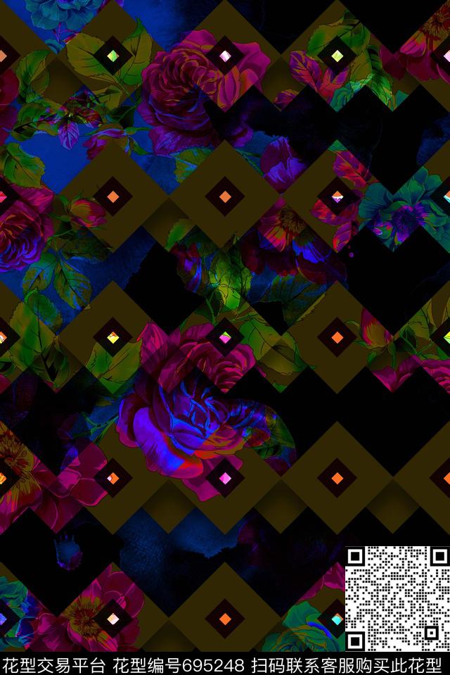 几何老年花大花数码印花华亿平台下载（图片编号: 695248） - 瓦栏（Walan）