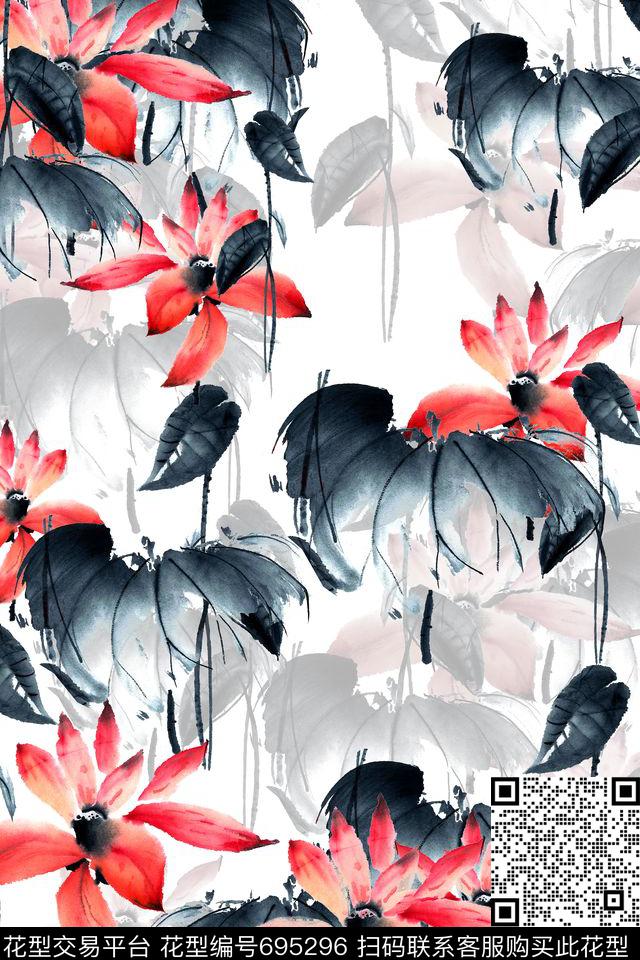 肌理水墨风植物花草数码印花华亿平台下载（图片编号: 695296） - 瓦栏（Walan）