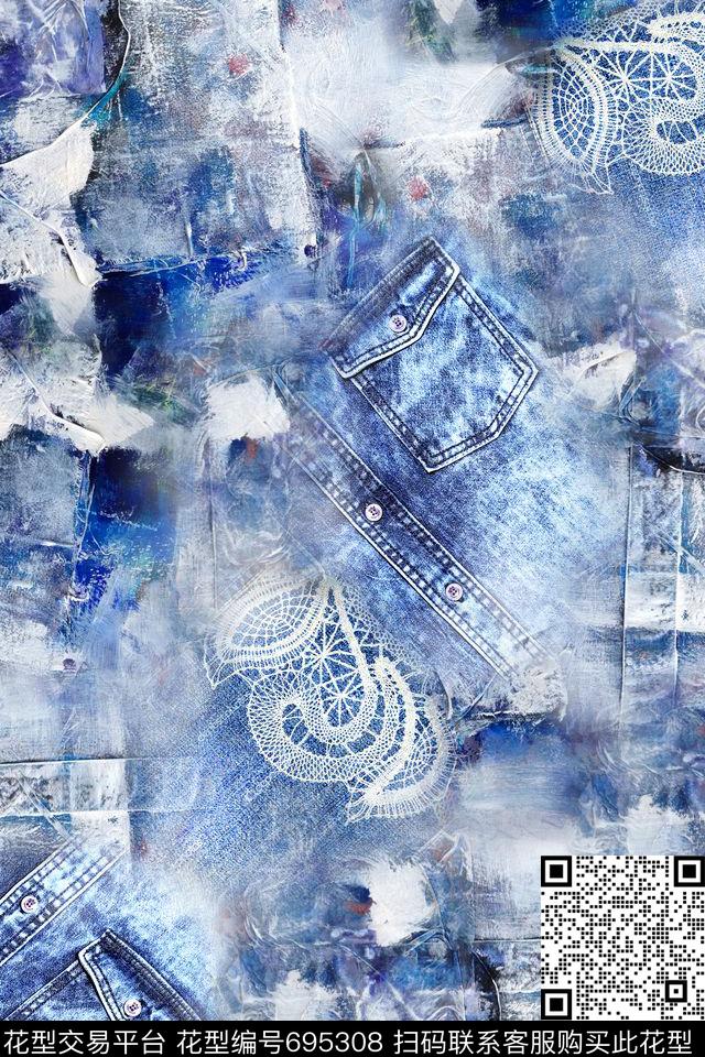 牛仔布肌理蕾丝数码印花华亿平台下载（图片编号: 695308） - 瓦栏（Walan）