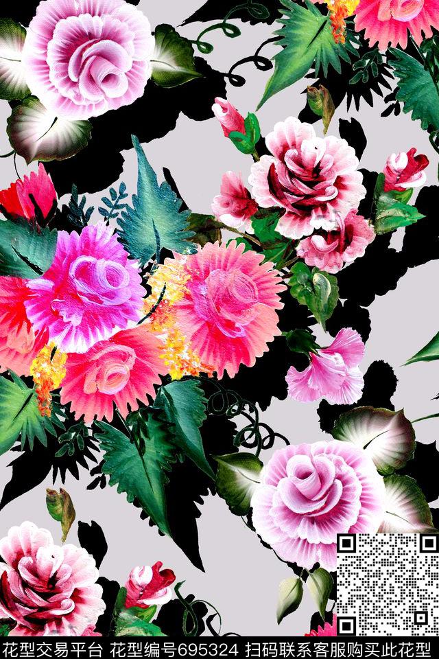 时尚手绘花卉数码印花华亿平台下载（图片编号: 695324） - 瓦栏（Walan）