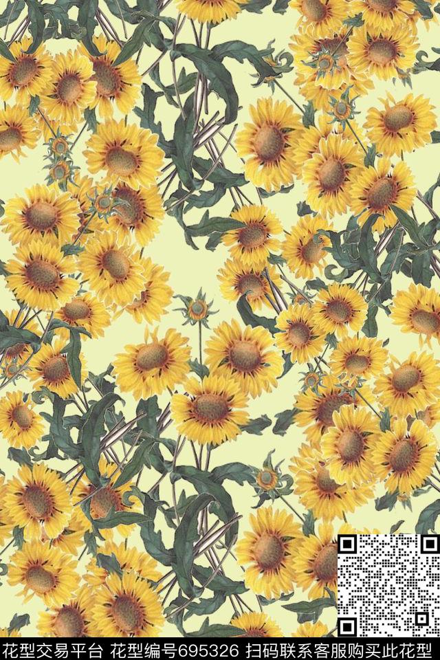 向日葵碎碎花卉花卉数码印花华亿平台下载（图片编号: 695326） - 瓦栏（Walan）