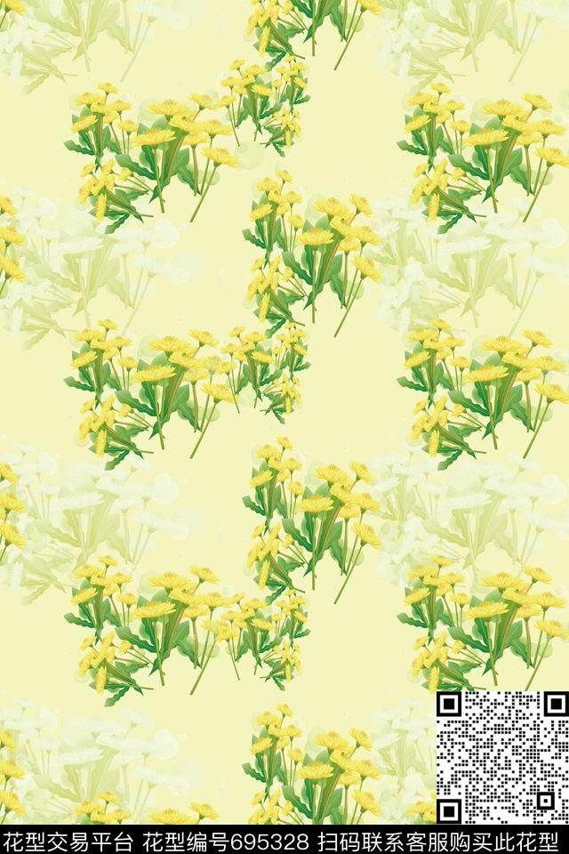 向日葵碎碎花卉花卉数码印花华亿平台下载（图片编号: 695328） - 瓦栏（Walan）