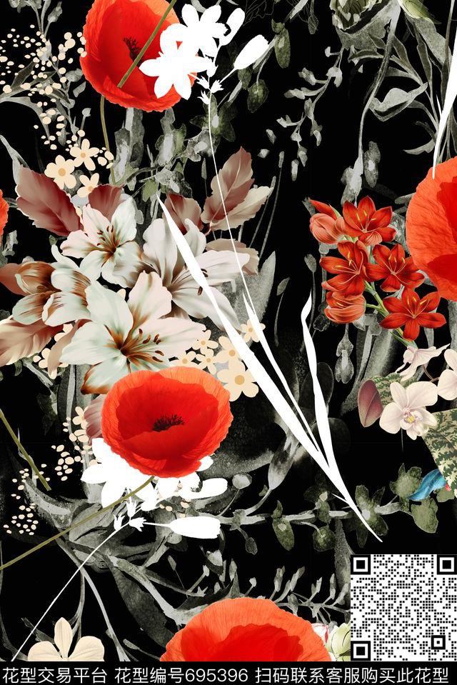 黑底水彩花卉数码印花华亿平台下载（图片编号: 695396） - 瓦栏（Walan）