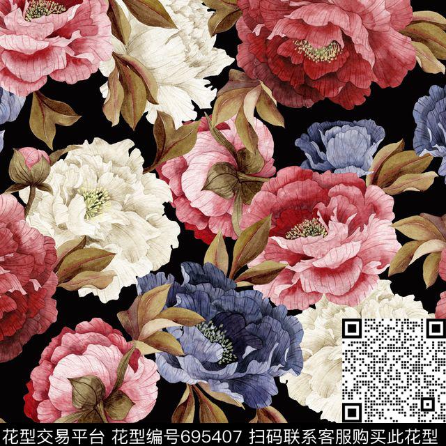水彩手绘花卉服装图案牡丹花数码印花华亿平台下载（图片编号: 695407） - 瓦栏（Walan）