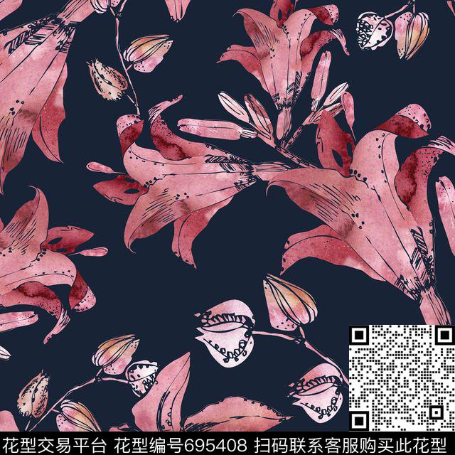 水彩手绘花卉服装图案田园风情数码印花华亿平台下载（图片编号: 695408） - 瓦栏（Walan）