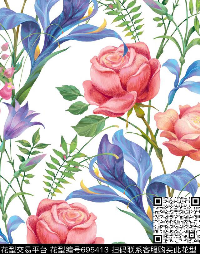 水彩花卉服装图案田园风数码印花华亿平台下载（图片编号: 695413） - 瓦栏（Walan）