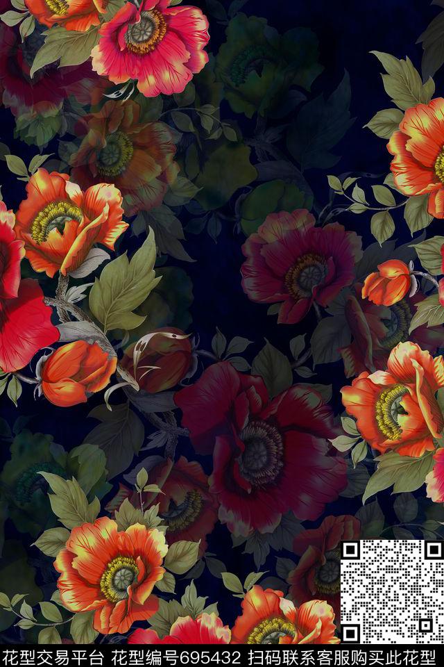 菊花大花花朵数码印花华亿平台下载（图片编号: 695432） - 瓦栏（Walan）