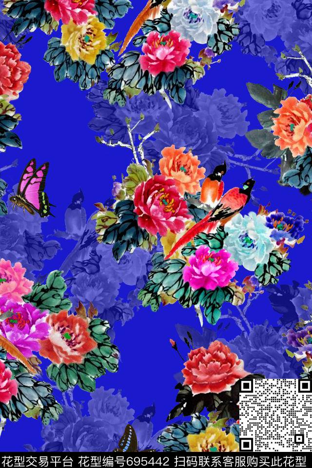 工笔画牡丹花鸟数码印花华亿平台下载（图片编号: 695442） - 瓦栏（Walan）