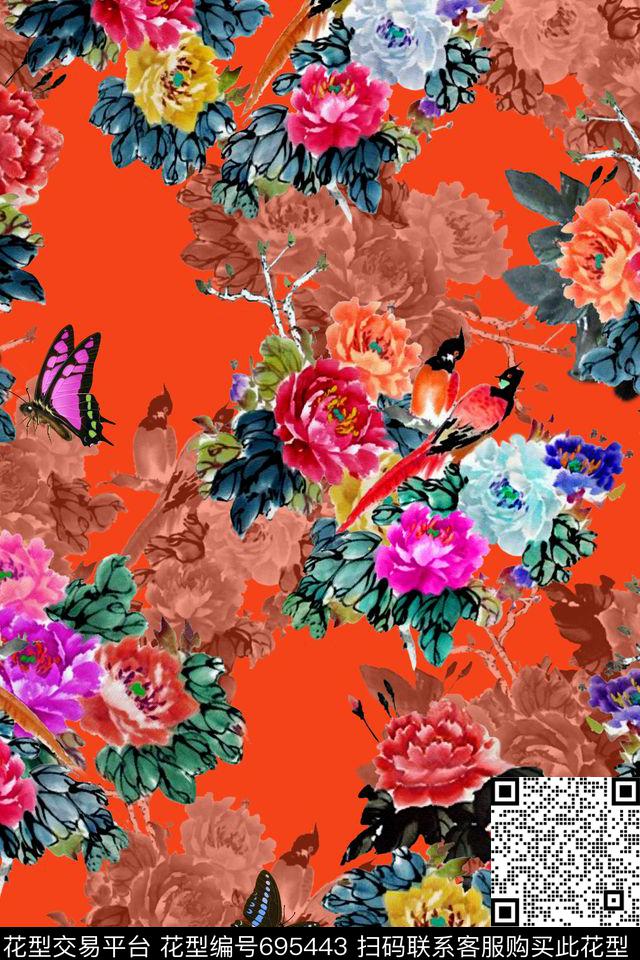 工笔画牡丹花鸟数码印花华亿平台下载（图片编号: 695443） - 瓦栏（Walan）
