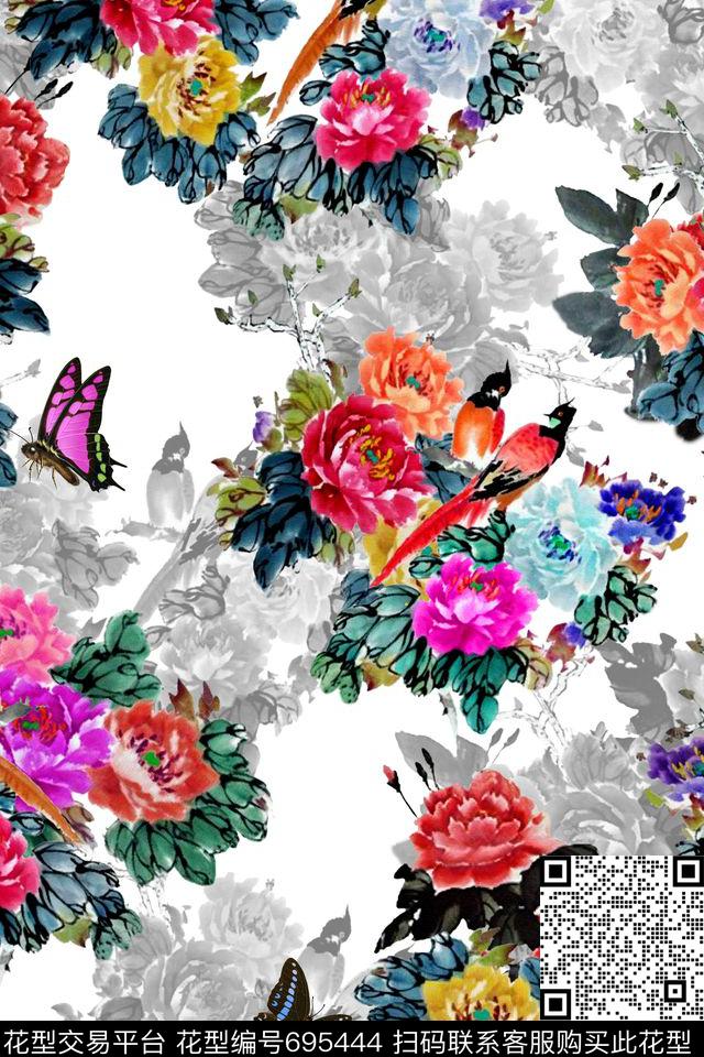 工笔画牡丹花鸟数码印花华亿平台下载（图片编号: 695444） - 瓦栏（Walan）