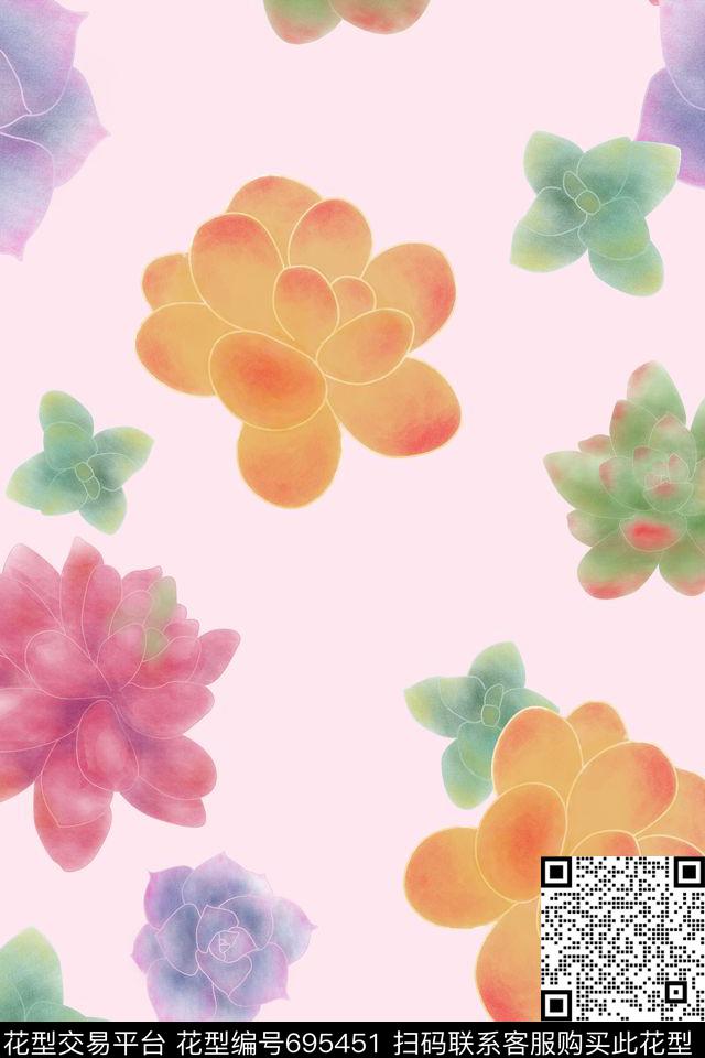 花卉多肉水彩数码印花华亿平台下载（图片编号: 695451） - 瓦栏（Walan）