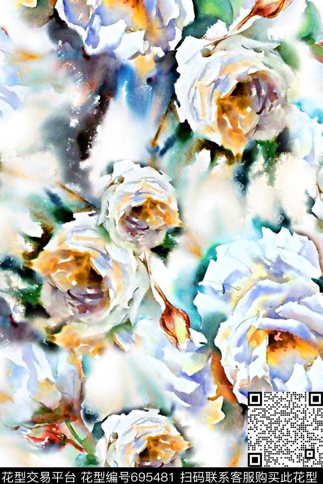 抽象手绘满版花卉最新高清数码水彩花卉时尚花卉数码印花华亿平台下载（图片编号: 695481） - 瓦栏（Walan）
