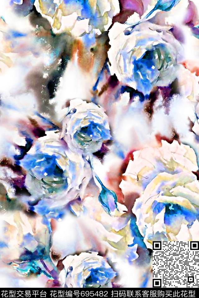 抽象手绘满版花卉最新高清数码水彩花卉时尚花卉数码印花华亿平台下载（图片编号: 695482） - 瓦栏（Walan）