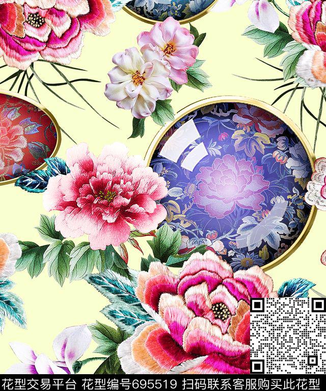 花卉牡丹绣花数码印花华亿平台下载（图片编号: 695519） - 瓦栏（Walan）