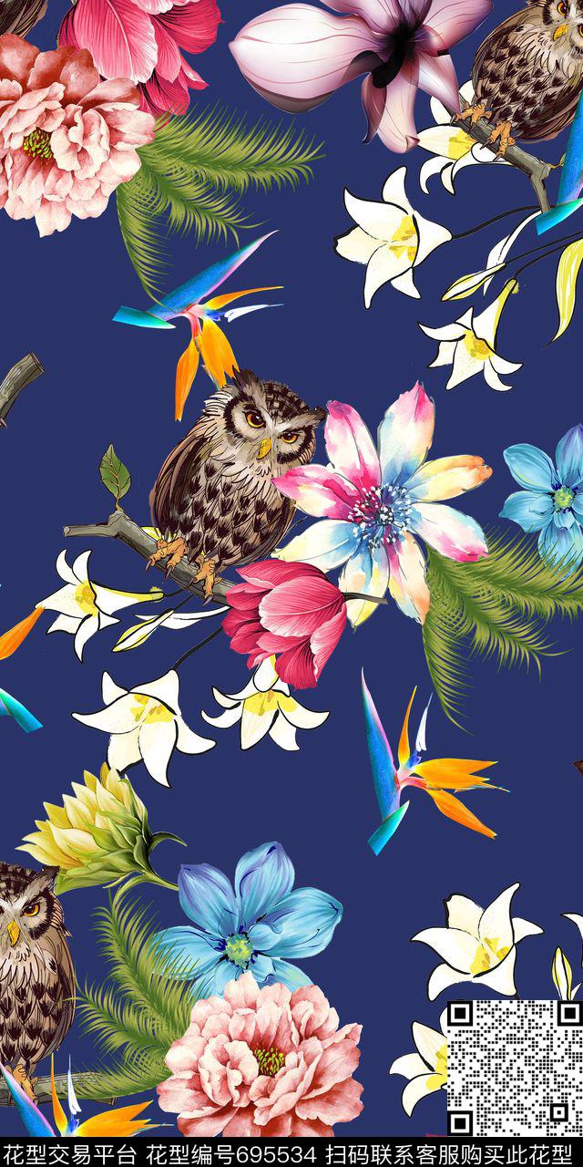 猫头鹰天堂鸟棕榈叶数码印花华亿平台下载（图片编号: 695534） - 瓦栏（Walan）
