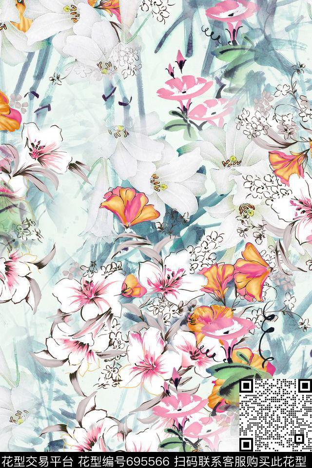 碎花牵牛花清爽数码印花华亿平台下载（图片编号: 695566） - 瓦栏（Walan）