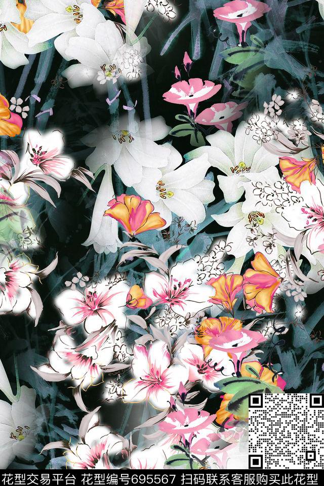 碎花牵牛花清爽数码印花华亿平台下载（图片编号: 695567） - 瓦栏（Walan）