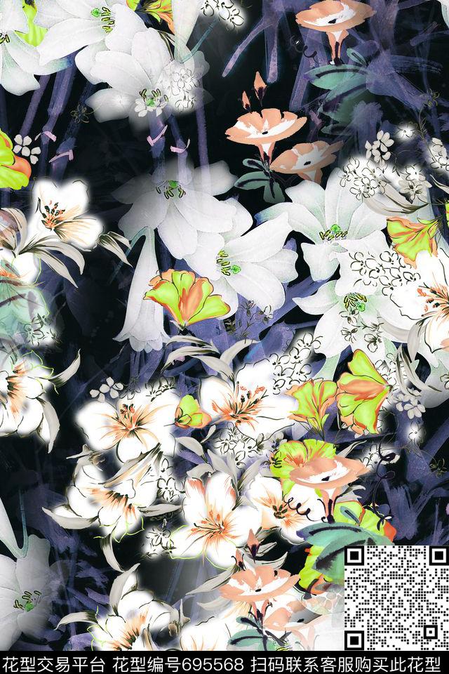 碎花牵牛花清爽数码印花华亿平台下载（图片编号: 695568） - 瓦栏（Walan）