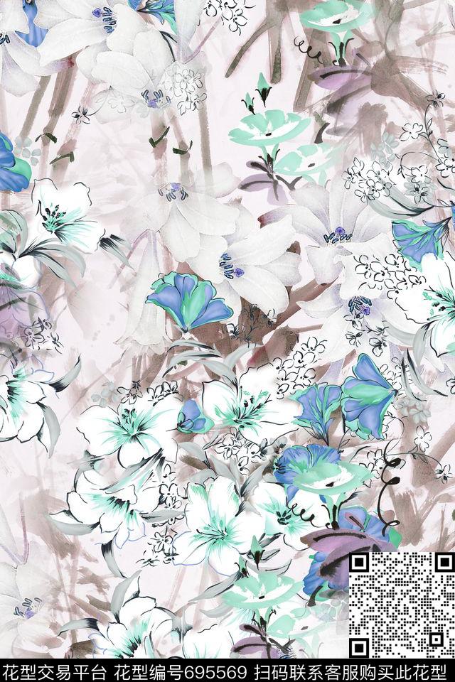 碎花牵牛花清爽数码印花华亿平台下载（图片编号: 695569） - 瓦栏（Walan）