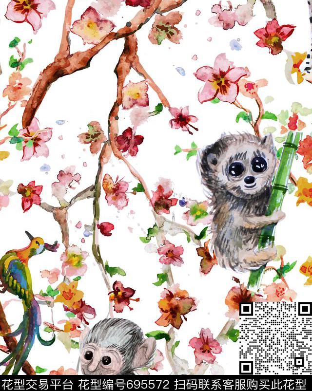猴子孔雀动物数码印花华亿平台下载（图片编号: 695572） - 瓦栏（Walan）