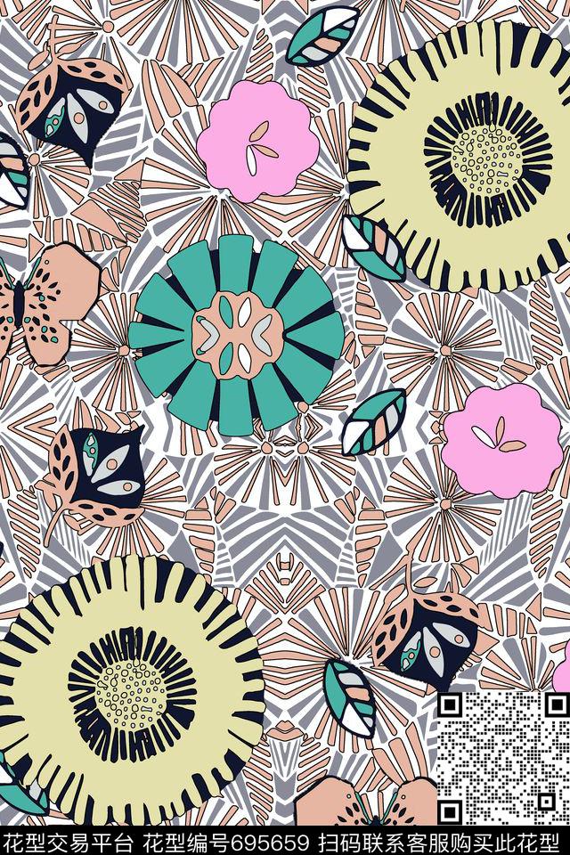 花卉抽象手绘传统印花华亿平台下载（图片编号: 695659） - 瓦栏（Walan）