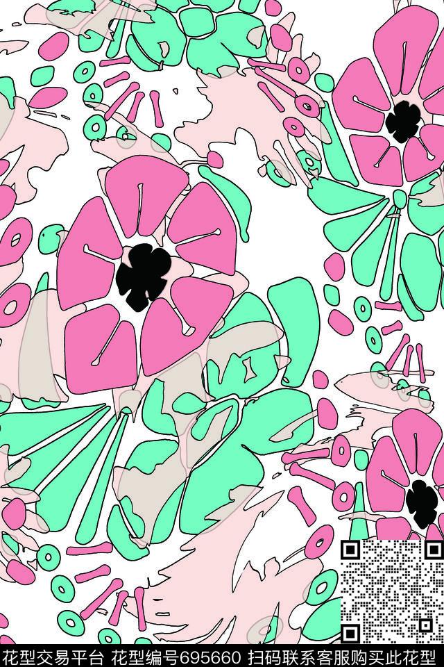 花卉抽象手绘传统印花华亿平台下载（图片编号: 695660） - 瓦栏（Walan）