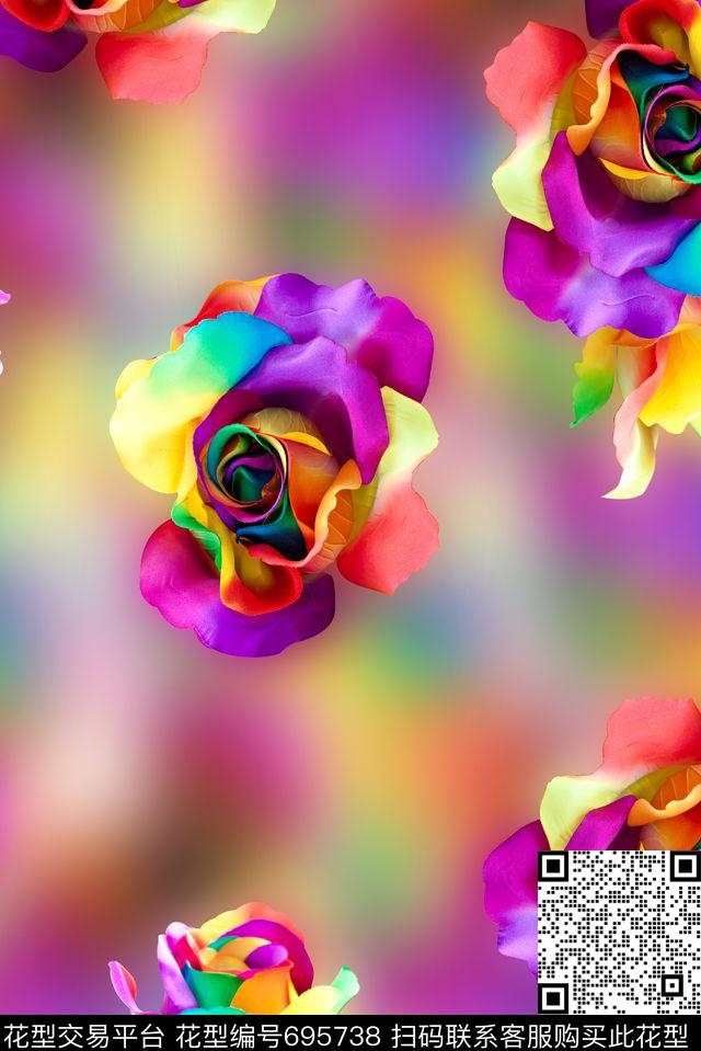 手绘抽象渐变纹理印花彩绘玫瑰花女装3D几何花卉数码印花华亿平台下载（图片编号: 695738） - 瓦栏（Walan）
