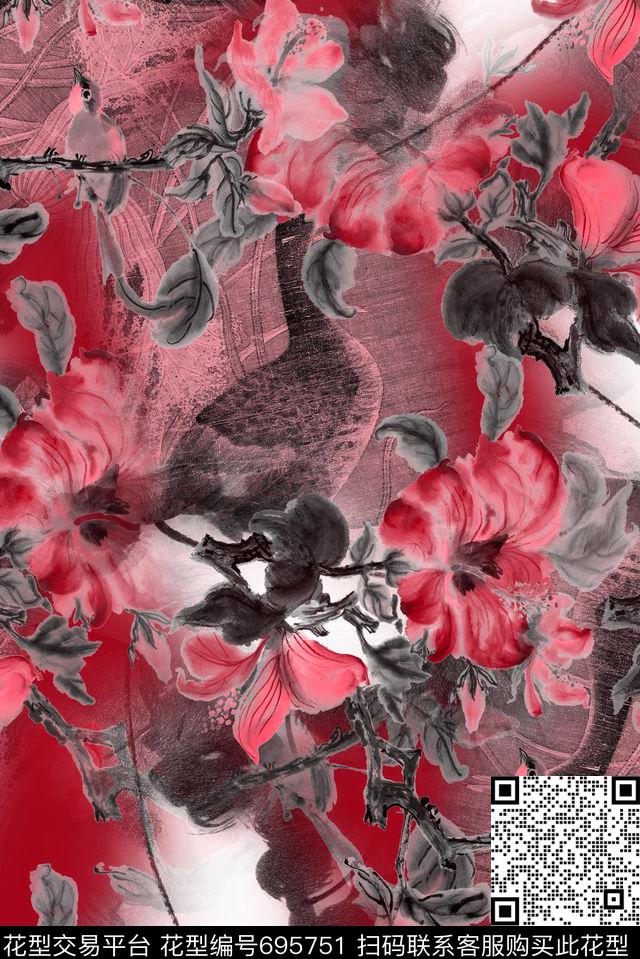 手绘水墨花卉数码印花华亿平台下载（图片编号: 695751） - 瓦栏（Walan）