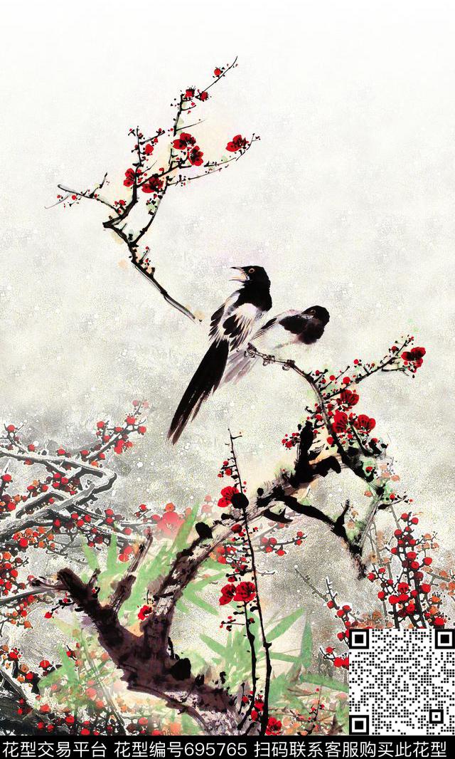 梅花鸟国画数码印花华亿平台下载（图片编号: 695765） - 瓦栏（Walan）