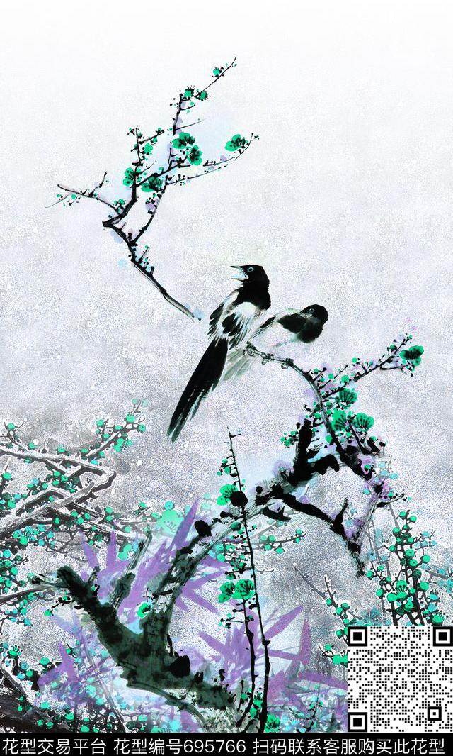 梅花鸟国画数码印花华亿平台下载（图片编号: 695766） - 瓦栏（Walan）