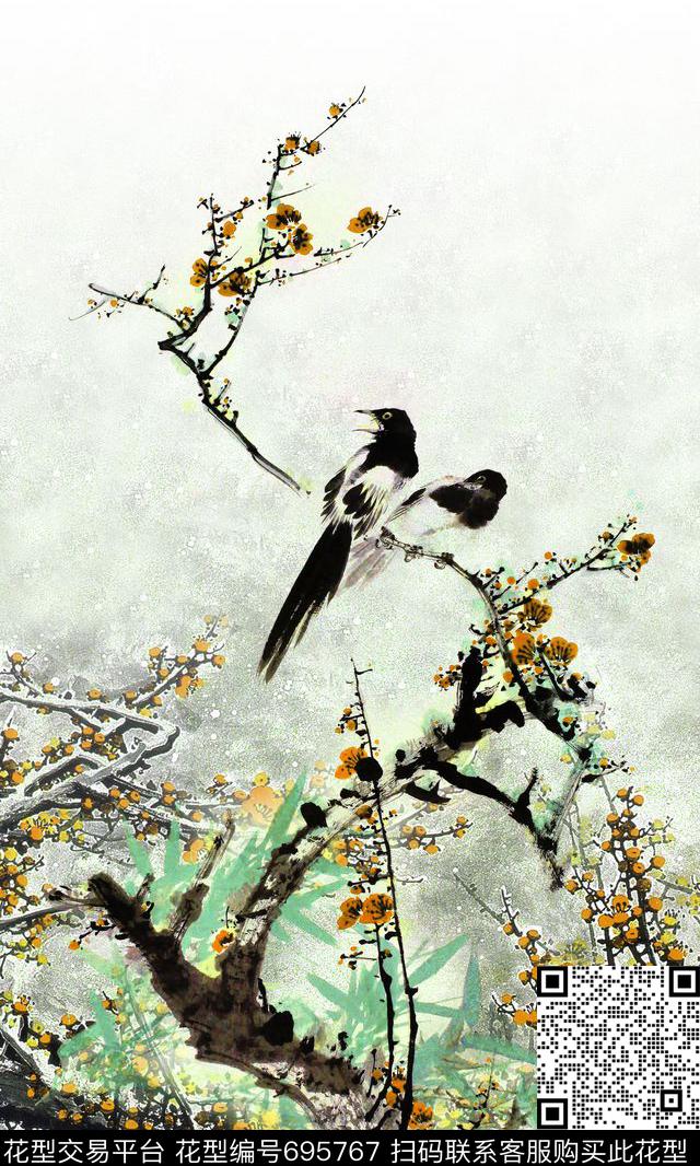 梅花鸟国画数码印花华亿平台下载（图片编号: 695767） - 瓦栏（Walan）