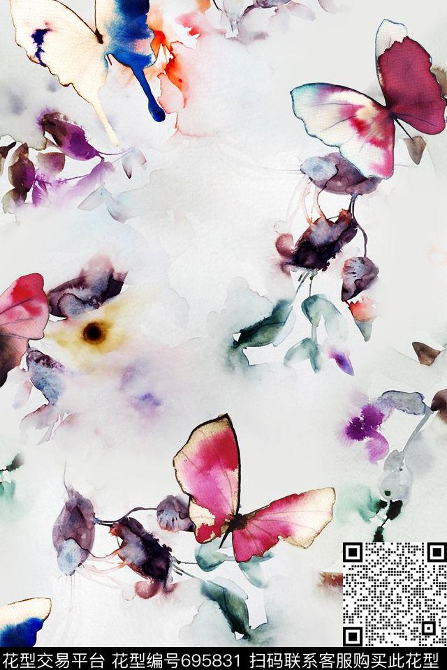 水墨蝴蝶抽象数码印花华亿平台下载（图片编号: 695831） - 瓦栏（Walan）