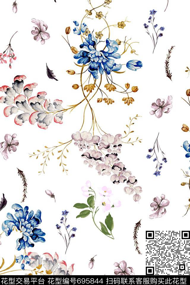 清新小花休闲风素雅数码印花华亿平台下载（图片编号: 695844） - 瓦栏（Walan）