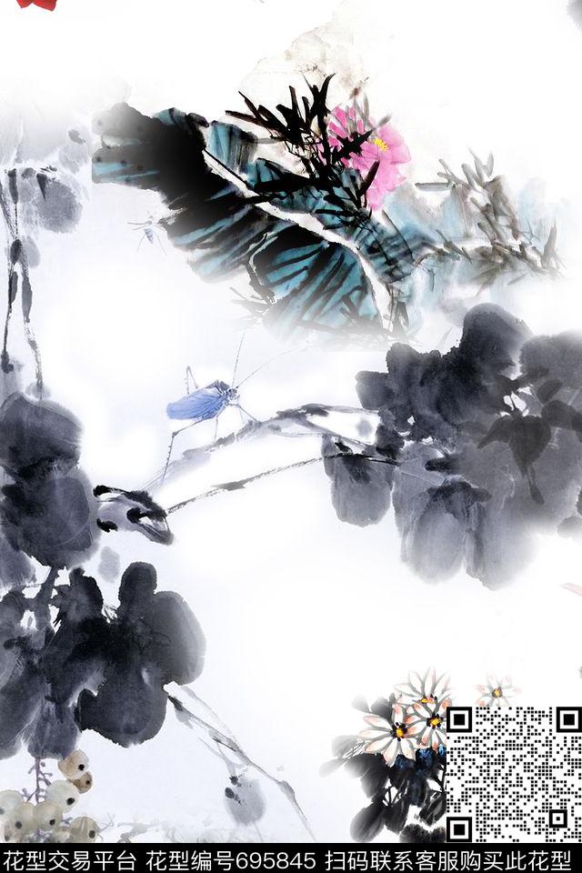 国画水墨牡丹花数码印花华亿平台下载（图片编号: 695845） - 瓦栏（Walan）
