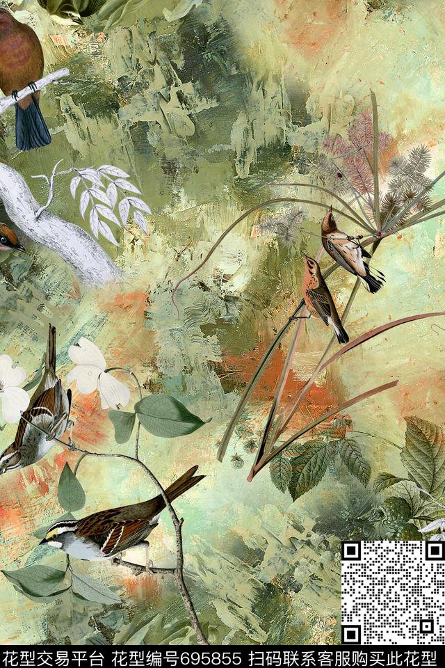 抽象油画底纹鸟数码印花华亿平台下载（图片编号: 695855） - 瓦栏（Walan）