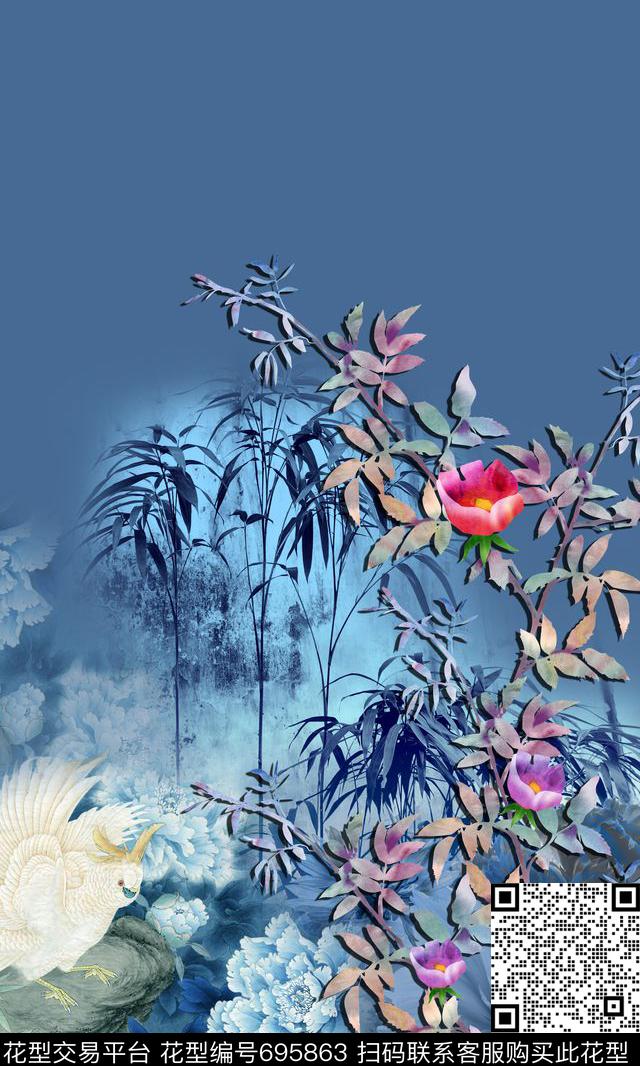 定位中国风玫瑰数码印花华亿平台下载（图片编号: 695863） - 瓦栏（Walan）