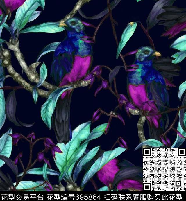 鸟树枝秋冬数码印花华亿平台下载（图片编号: 695864） - 瓦栏（Walan）