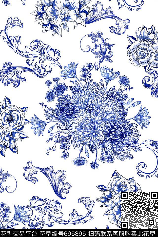 中国风青花花卉数码印花华亿平台下载（图片编号: 695895） - 瓦栏（Walan）