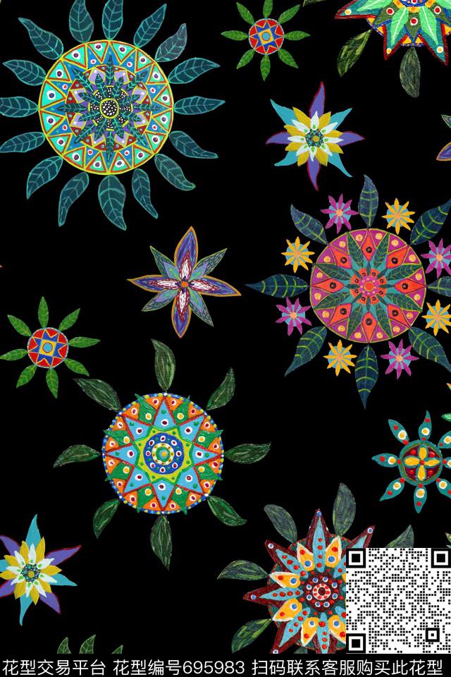 民族风圆形艺术花卉数码印花华亿平台下载（图片编号: 695983） - 瓦栏（Walan）