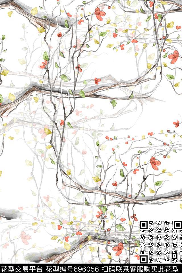 小碎花树叶植物数码印花华亿平台下载（图片编号: 696056） - 瓦栏（Walan）