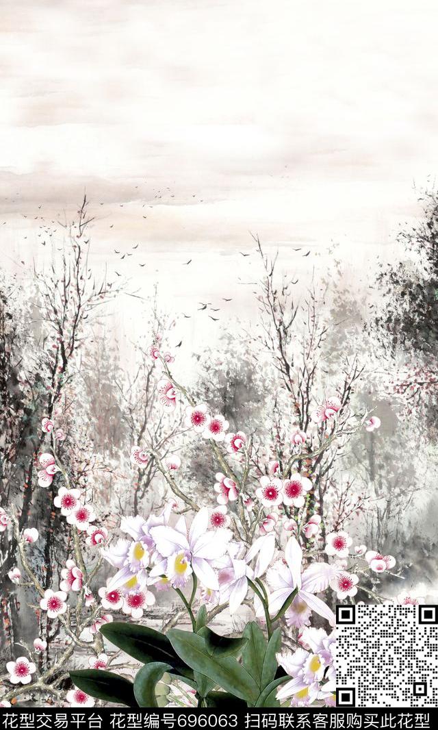 桃花兰花花卉数码印花华亿平台下载（图片编号: 696063） - 瓦栏（Walan）