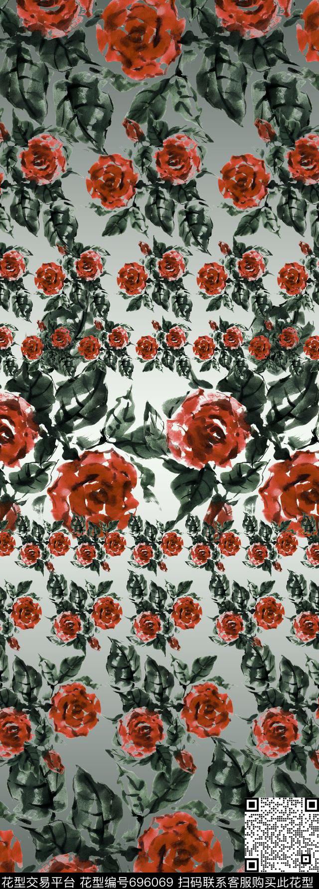 手绘玫瑰花卉数码印花华亿平台下载（图片编号: 696069） - 瓦栏（Walan）
