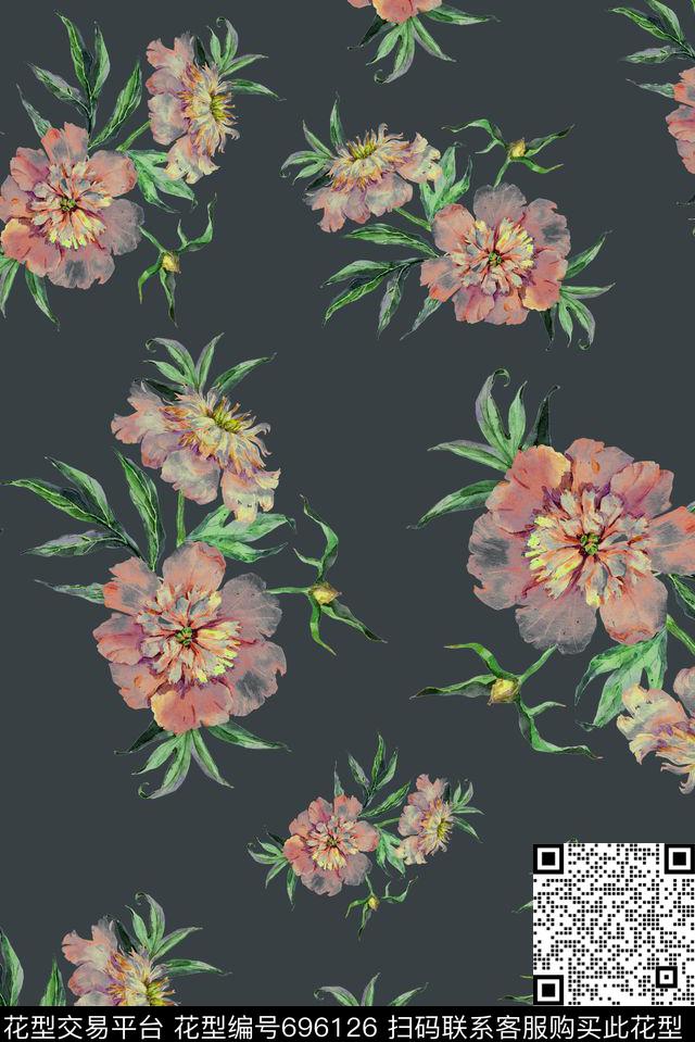 手绘半透明花卉数码印花华亿平台下载（图片编号: 696126） - 瓦栏（Walan）