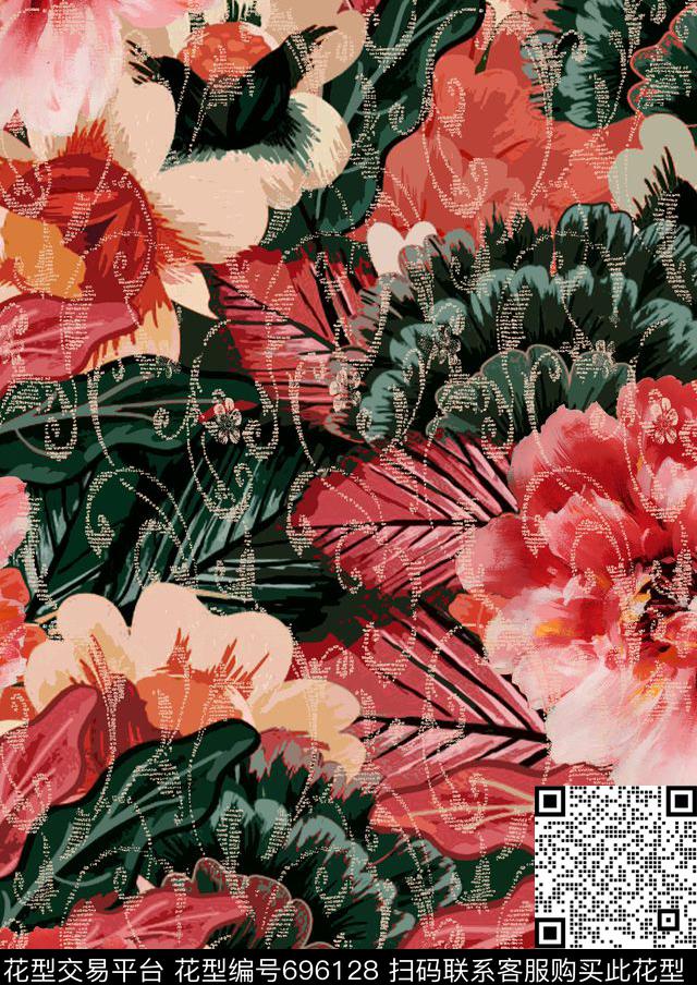 花卉手绘满版数码印花华亿平台下载（图片编号: 696128） - 瓦栏（Walan）