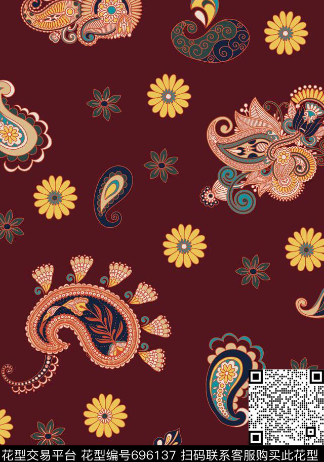 复古佩斯利花朵传统印花华亿平台下载（图片编号: 696137） - 瓦栏（Walan）