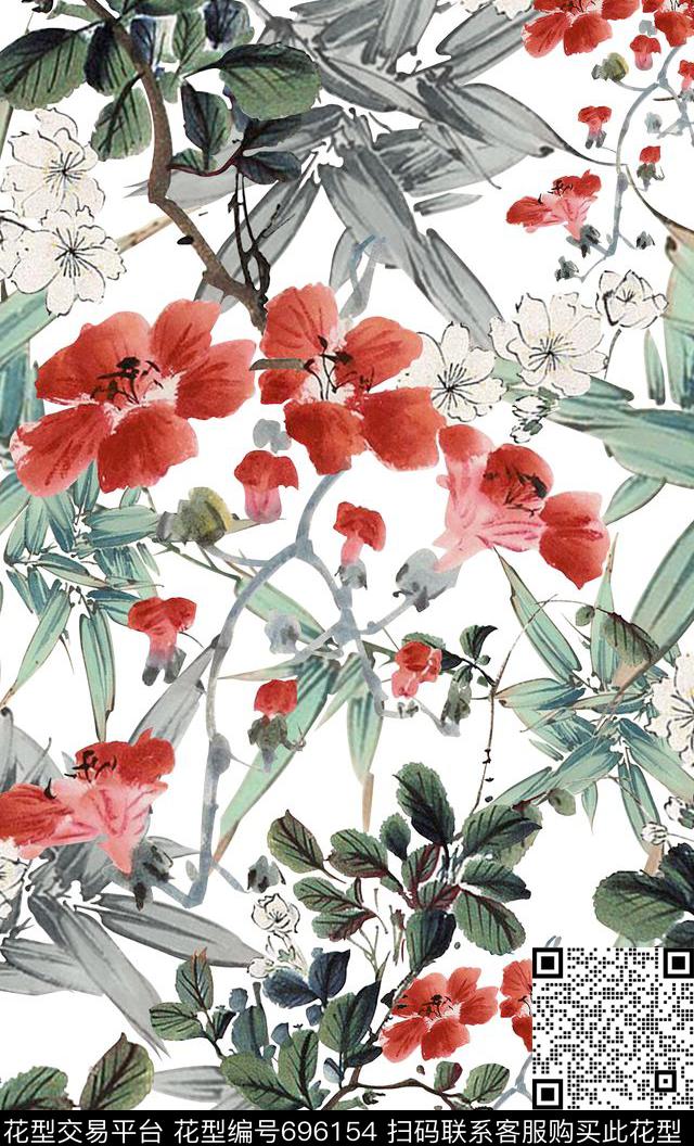 东方韵域民族风水墨花卉数码印花华亿平台下载（图片编号: 696154） - 瓦栏（Walan）